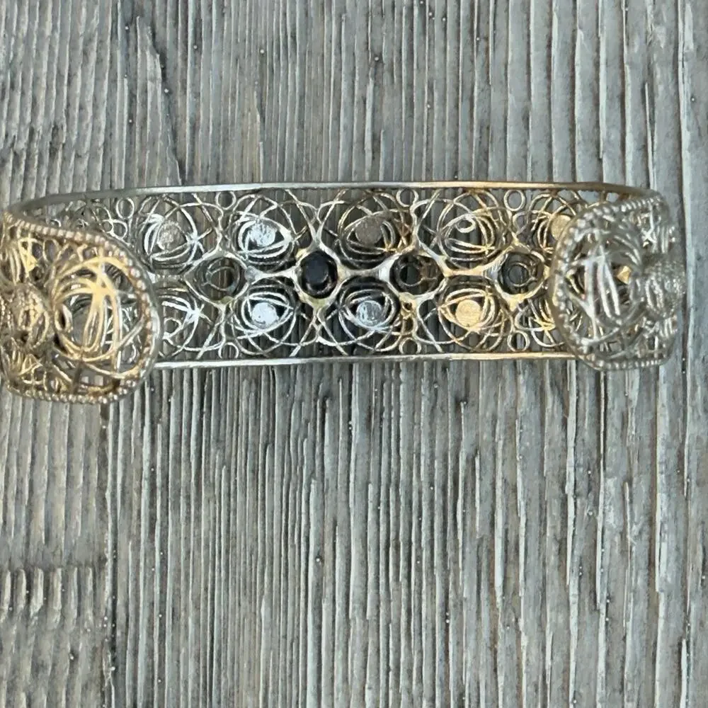 Gimet Italy 925 Sterling Silver Filigree Floral Rose Wide Cuff Bracelet (140)